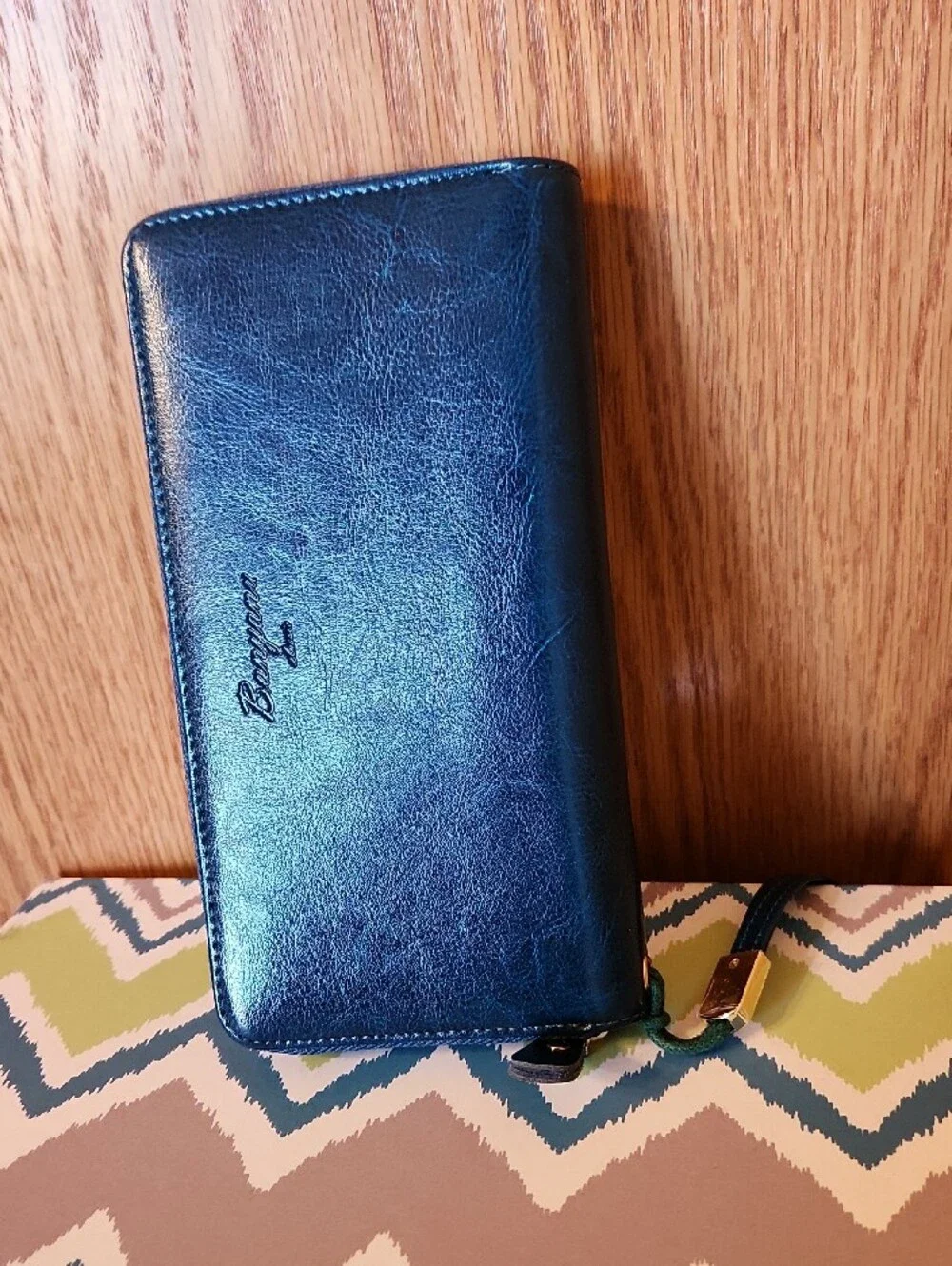 Blue Zip-Around Wristlet Wallet with Detachable Strap